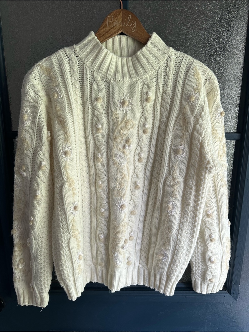 Vintage Cream Chunky Cable Knit Turtleneck Sweater with Floral Bobble Detail